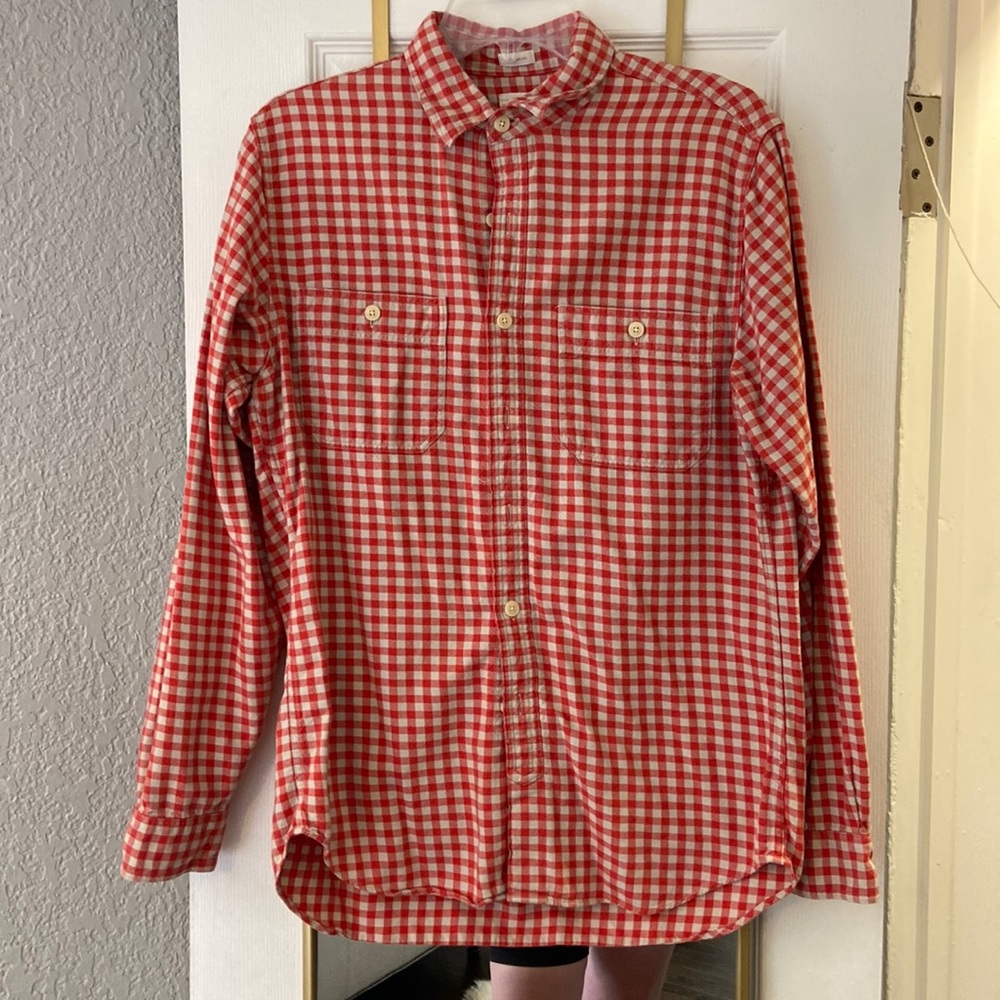 Red and cream checked flannel j crew shirt.